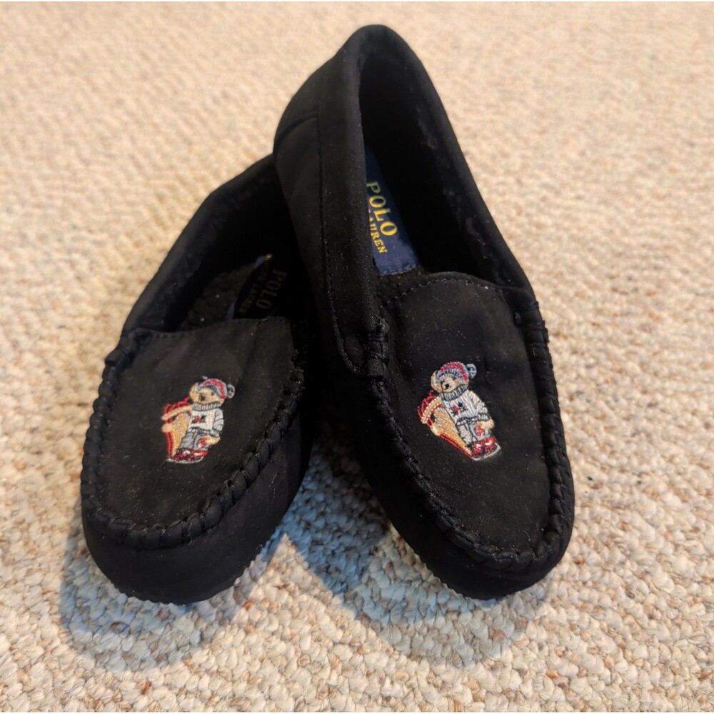 Polo Ralph Lauren Kids Slippers Youth 2 Black Teddy Bear Sled Rubber Sole